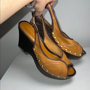 BCBGirls Women’s Cognac Leather Studded Peep Toe Wedge Heels Sz 8.5-9